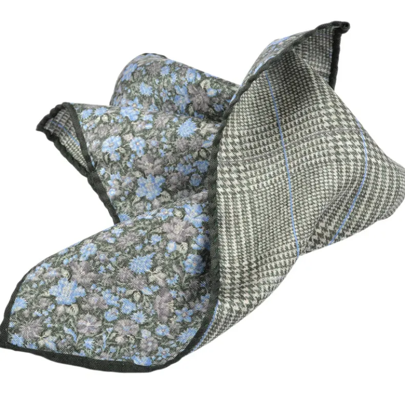 DION SILK DOUBLE-SIDED POCKET SQUARE - SAGE FLORAL GLENCHECK