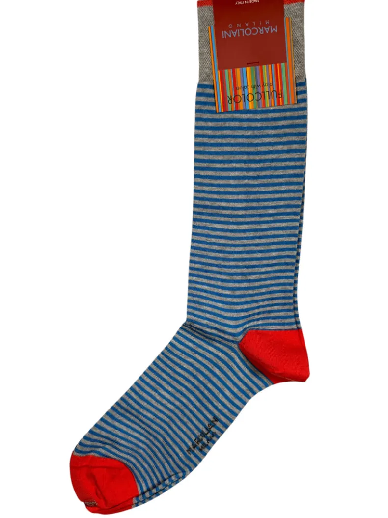 MARCOLIANI PALIO STRIPE CALF SOCK - FLANNEL/TURQUOISE