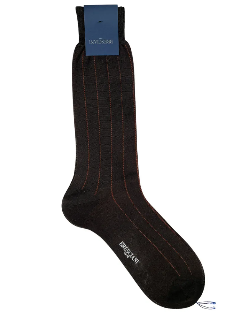 BRESCIANI 1970 CLASSIC PINSTRIPE CALF SOCK - BROWN