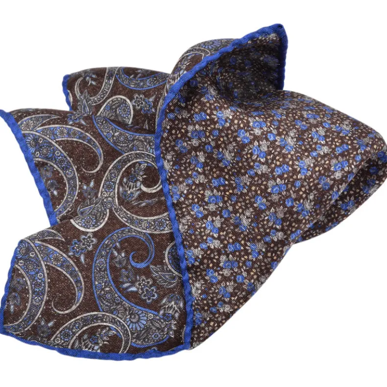 DION SILK DOUBLE-SIDED POCKET SQUARE - CHOCOLATE PAISLEY MICRO FLORAL