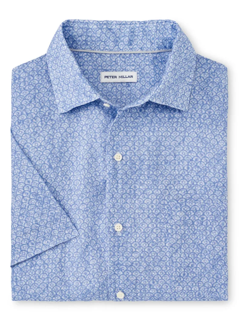 PETER MILLAR CHAMPLAIN LINEN SHORT-SLEEVE SPORT SHIRT - BLUE FREESIA