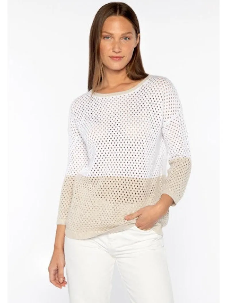 KINROSS TEXTURED COLORBLOCK CREW SWEATER - WHITE/CHAMPAGNE