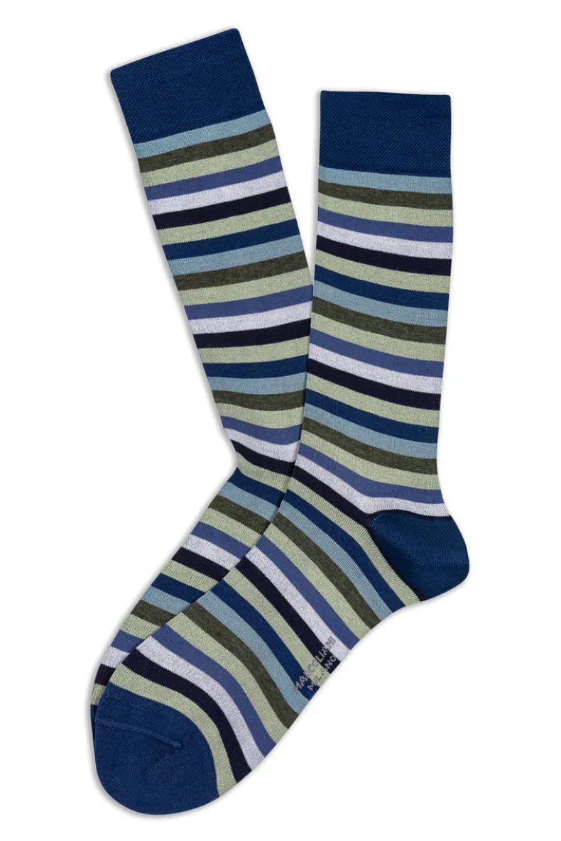 MARCOLIANI PIMA COTTON LISLE RAINBOW STRIPE CALF SOCK - DENIM/SAGE