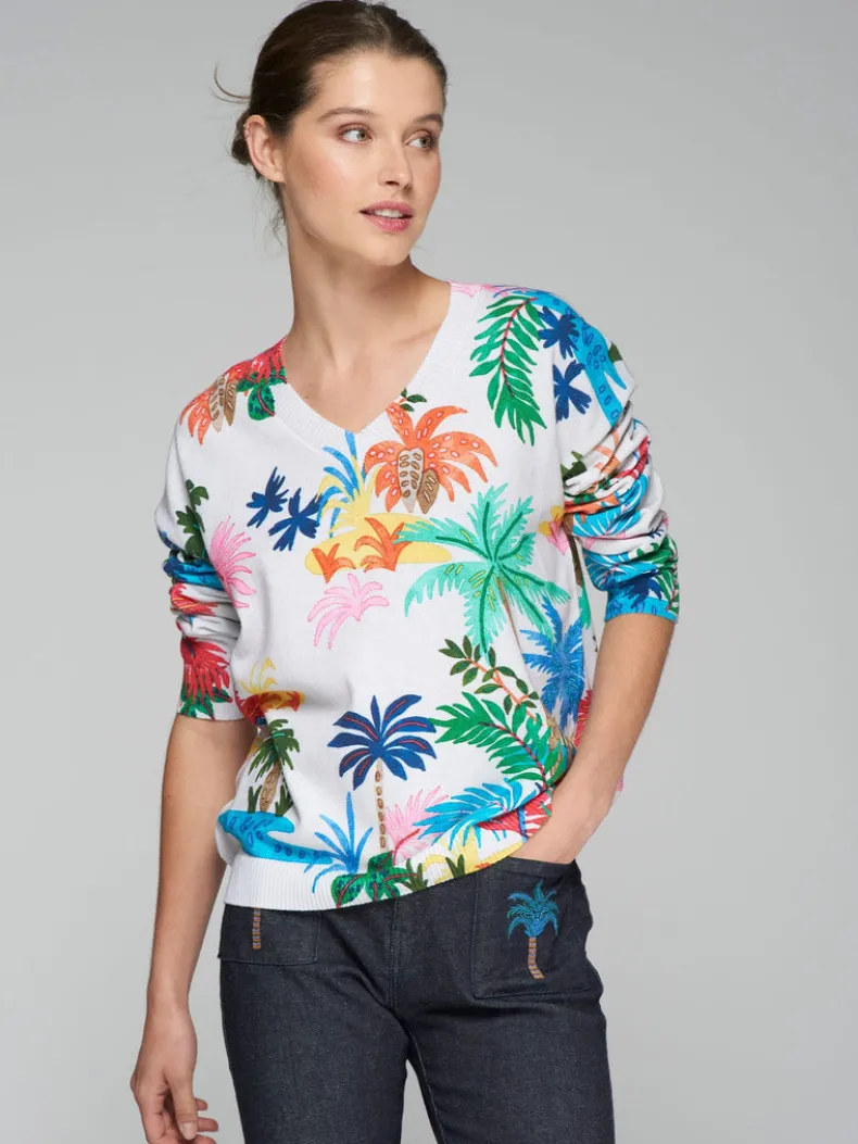 VILAGALLO PALM TREES SWEATER - MULTICOLOR ON WHITE