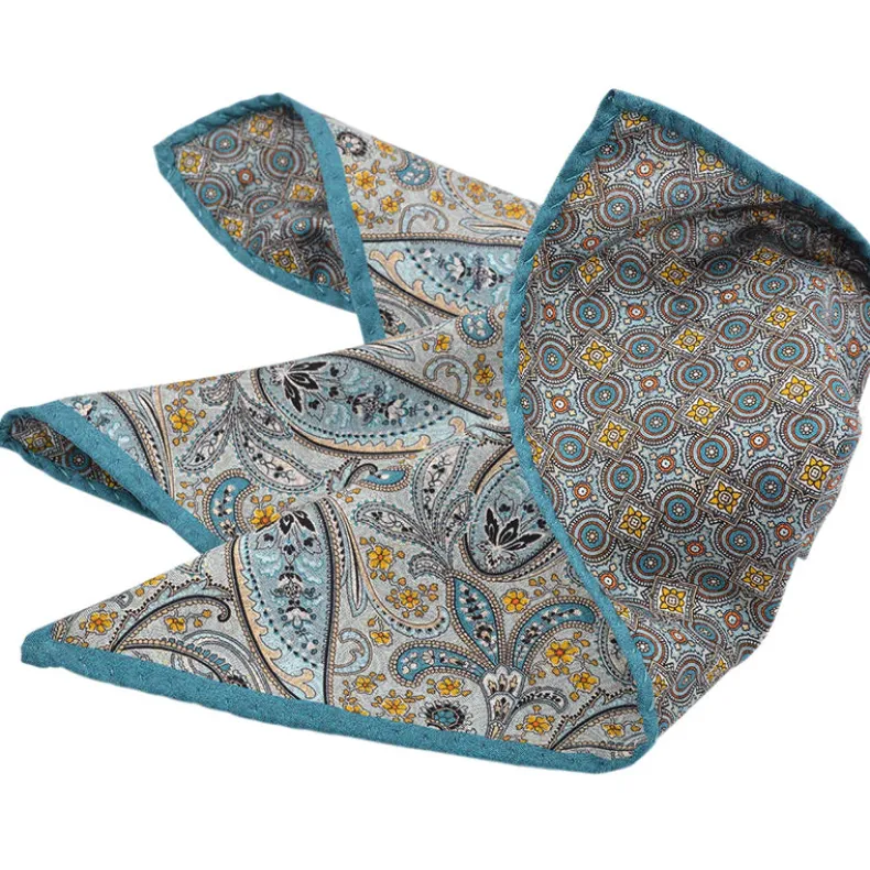 DION SILK DOUBLE-SIDED POCKET SQUARE - TURQUOISE FUJI PAISLEY