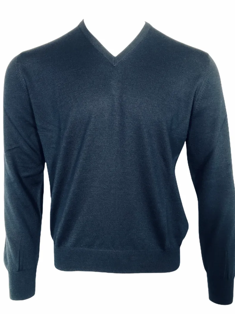 BUTTON DOWN V-NECK MERINO WOOL MEN'S SWEATER - NAVY