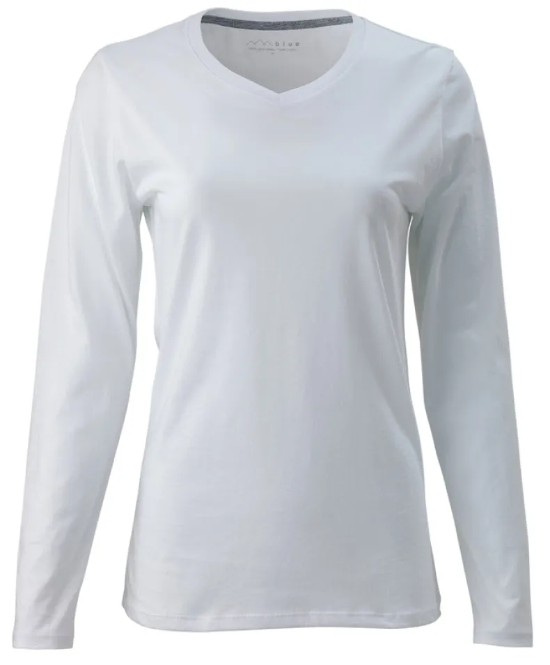 BLUE 1899 WOMEN'S PIMA COTTON T-SHIRT V-NECK LONGSLEEVE - WHITE