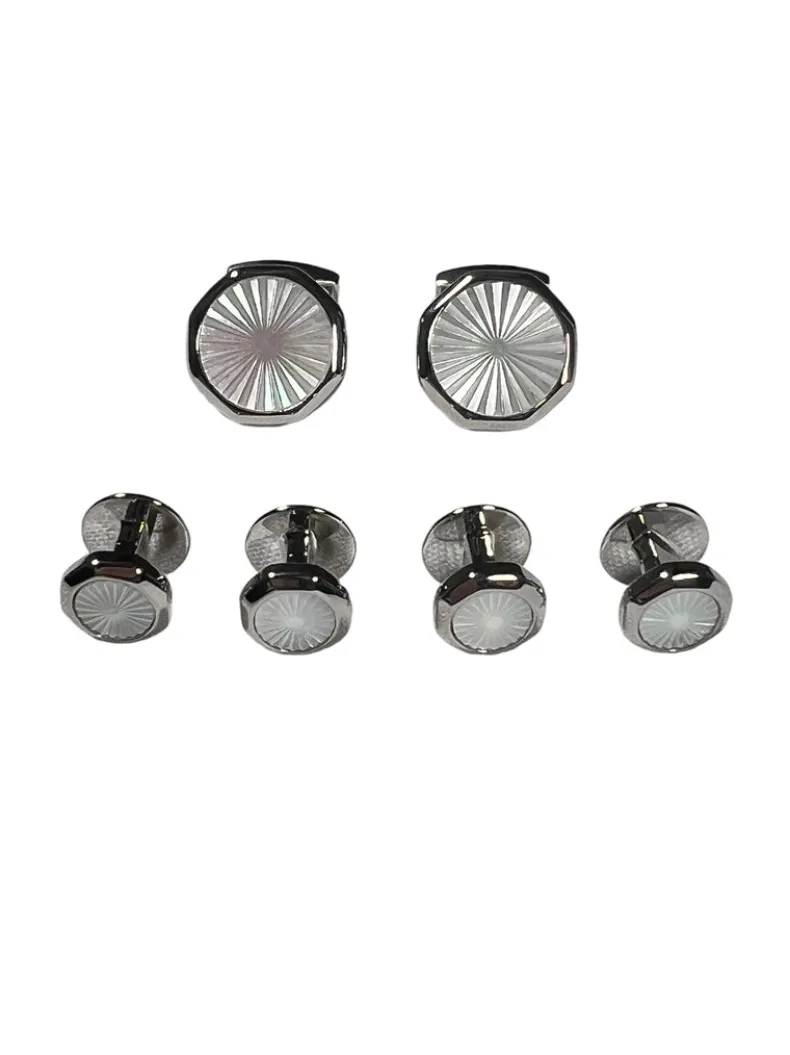 TATEOSSIAN SUNBURST CUFFLINKS AND STUDS SET - WHITE MOTHER OF PEARL AND STAINLESS STEEL