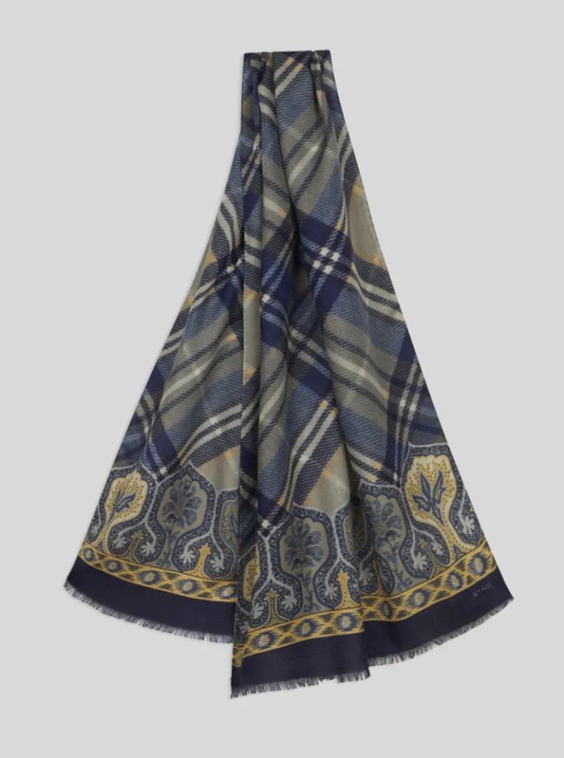 ETRO WOOL & SILK SCARF - NAVY PLAID