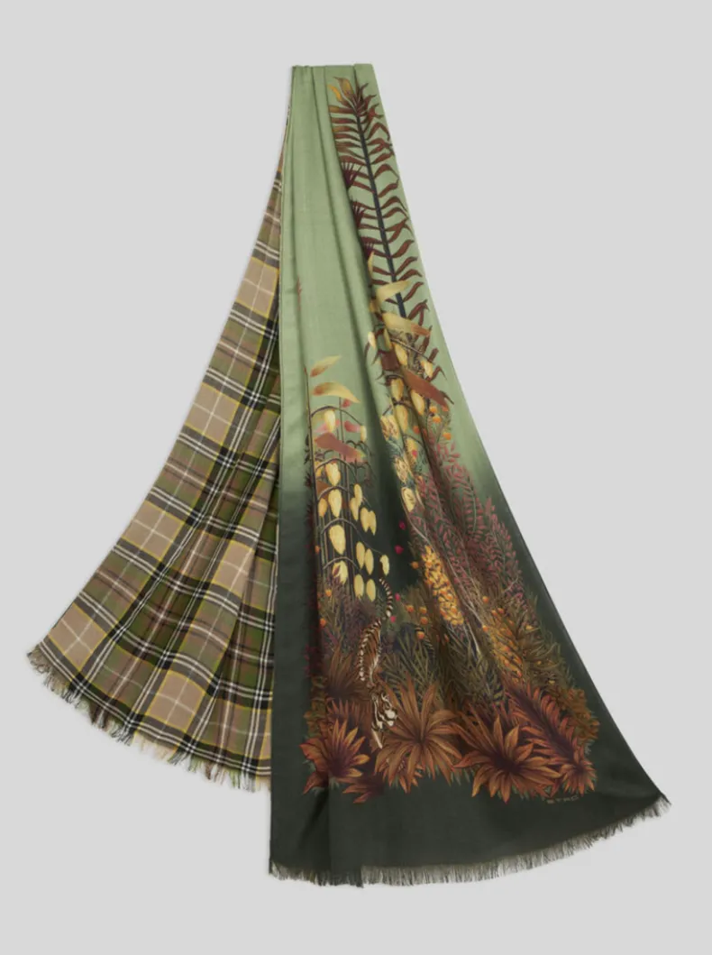ETRO DOUBLE SIDED SCARF - GREEN LEAVES / PLAID