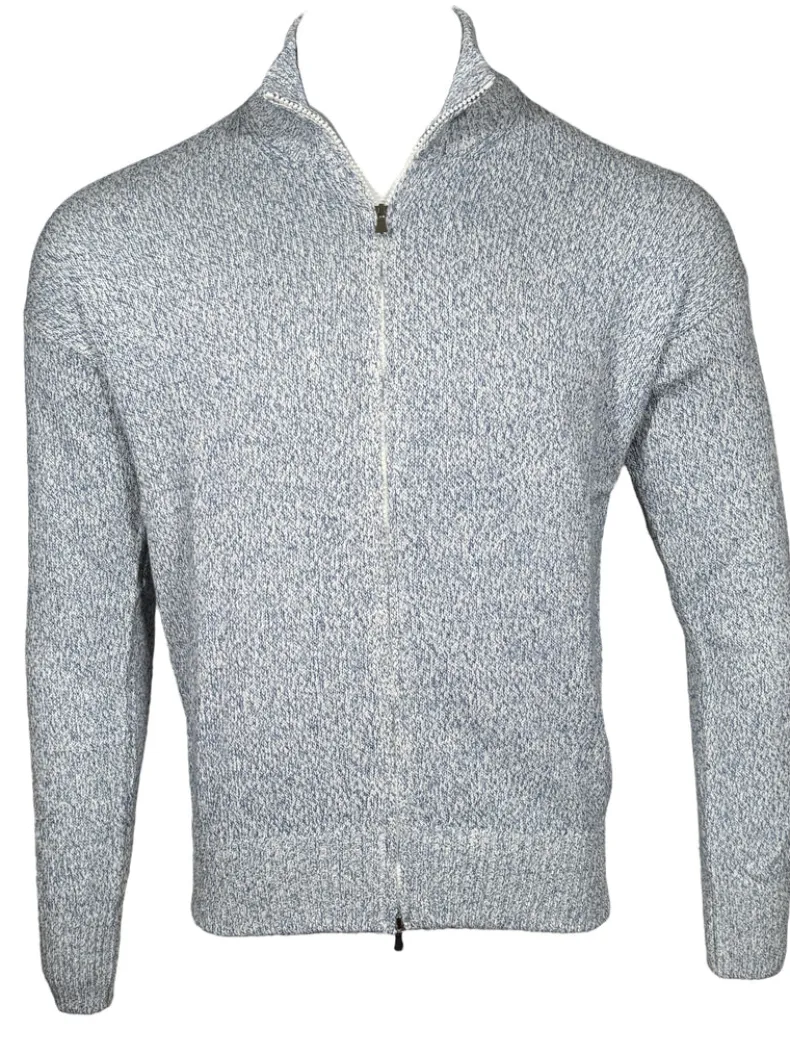 BUTTON DOWN COTTON FULL ZIP SWEATER - BLUE