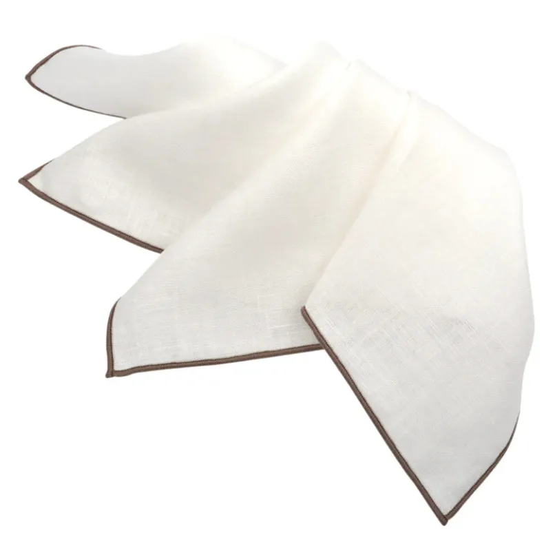 DION LINEN POCKET SQUARE - WHITE WITH BROWN TRIM