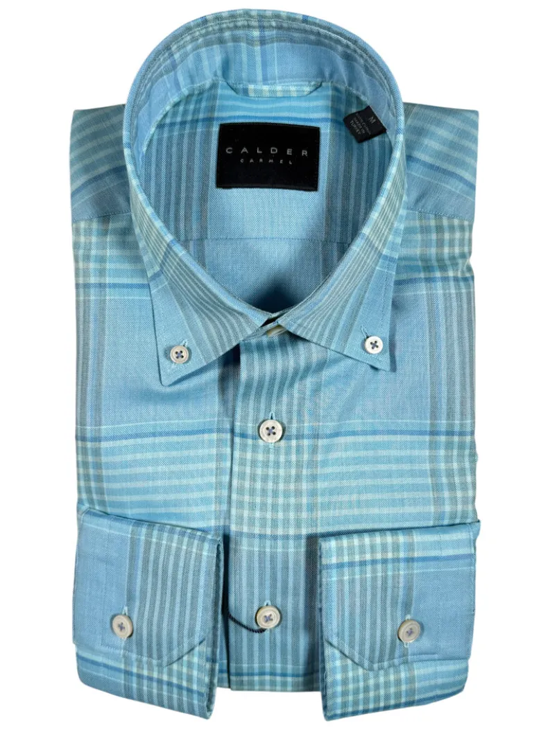 CALDER CARMEL MEN'S SHIRT - TURQUOISE CHECK PLAID