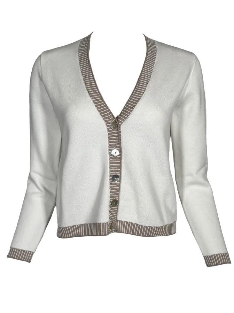 HUBERT GASSER CLASSIC CARDIGAN - WHITE WITH TAN