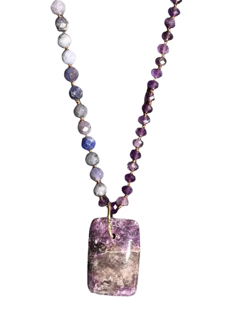 FEATHERED SOUL NECKLACE - BLUE SAPPHIRE AND AMETHYST ON BEIGE SILK