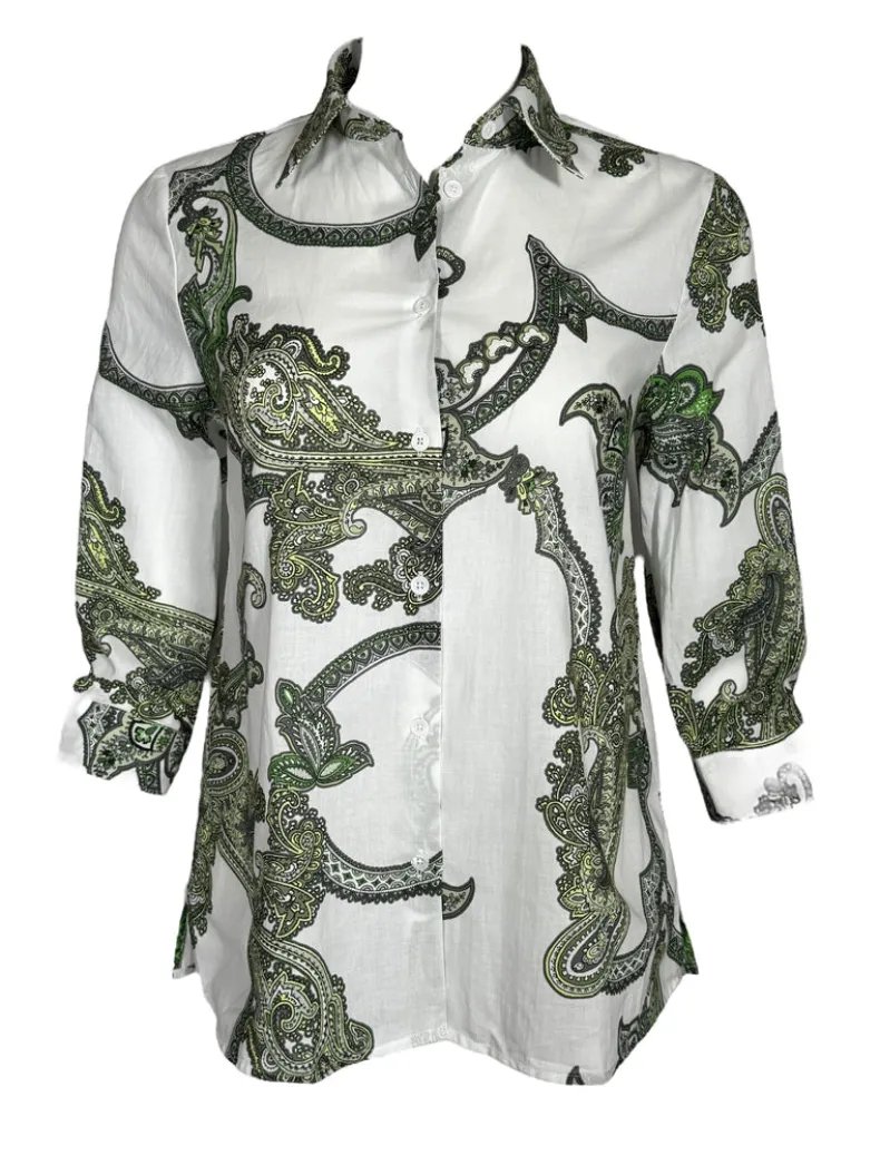 CAMICETTASNOB PAISLEY BLOUSE - GREEN ON WHITE