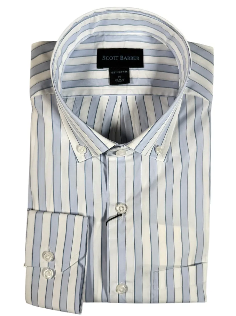 SCOTT BARBER BOLD SATEEN STRIPE MEN’S SHIRT - SKY