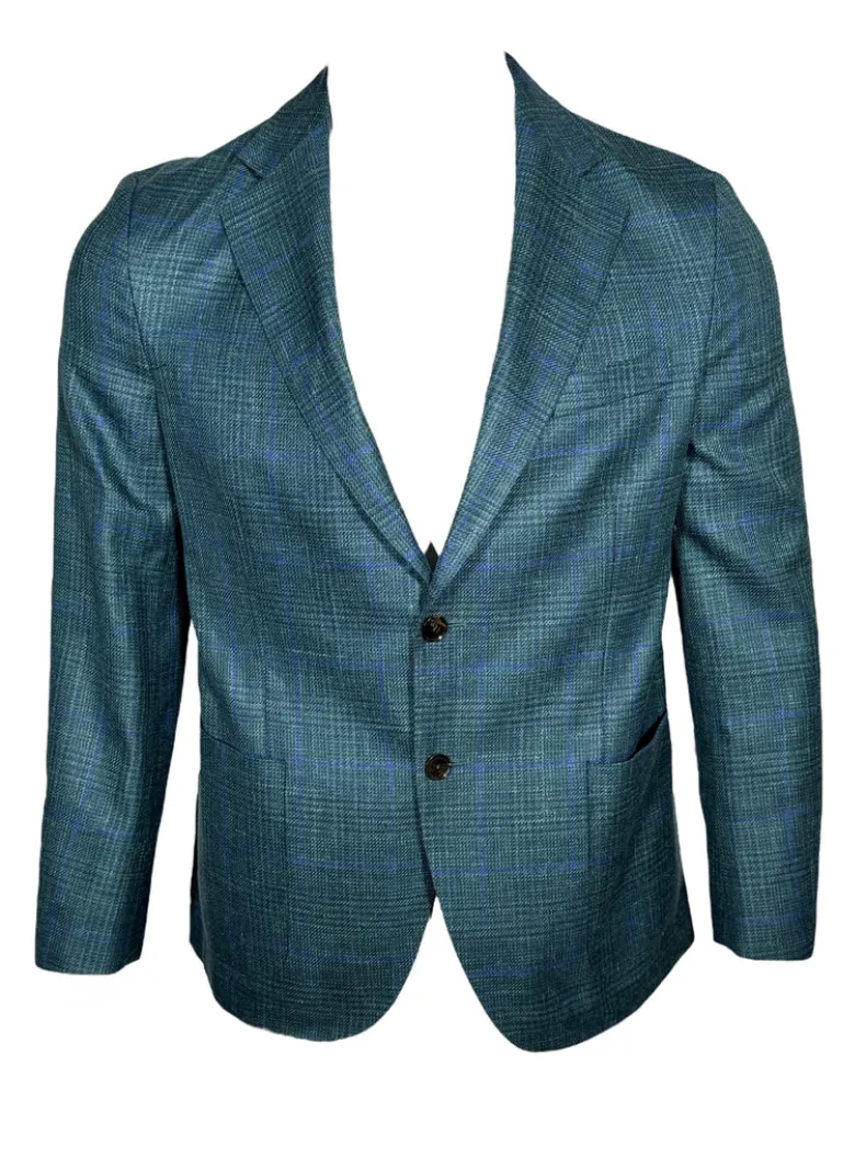 OARS & OLD IVY LORO PIANA WOOL BLEND SPORT COAT - GREEN/BLUE CHECK PLAID