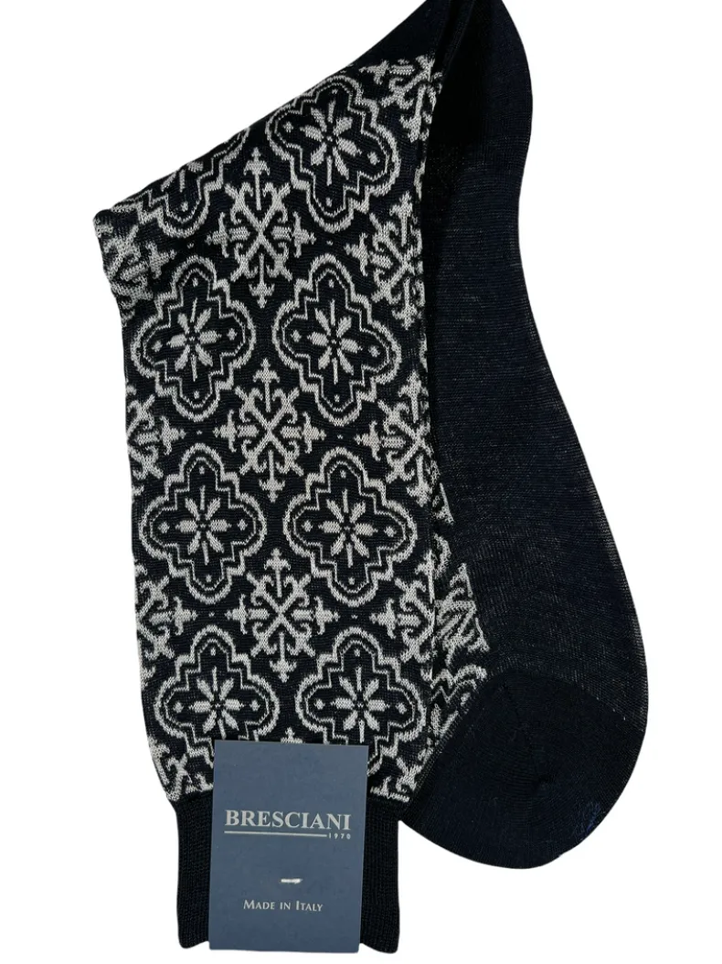 BRESCIANI 1970 TILE PRINT CALF SOCK - NAVY
