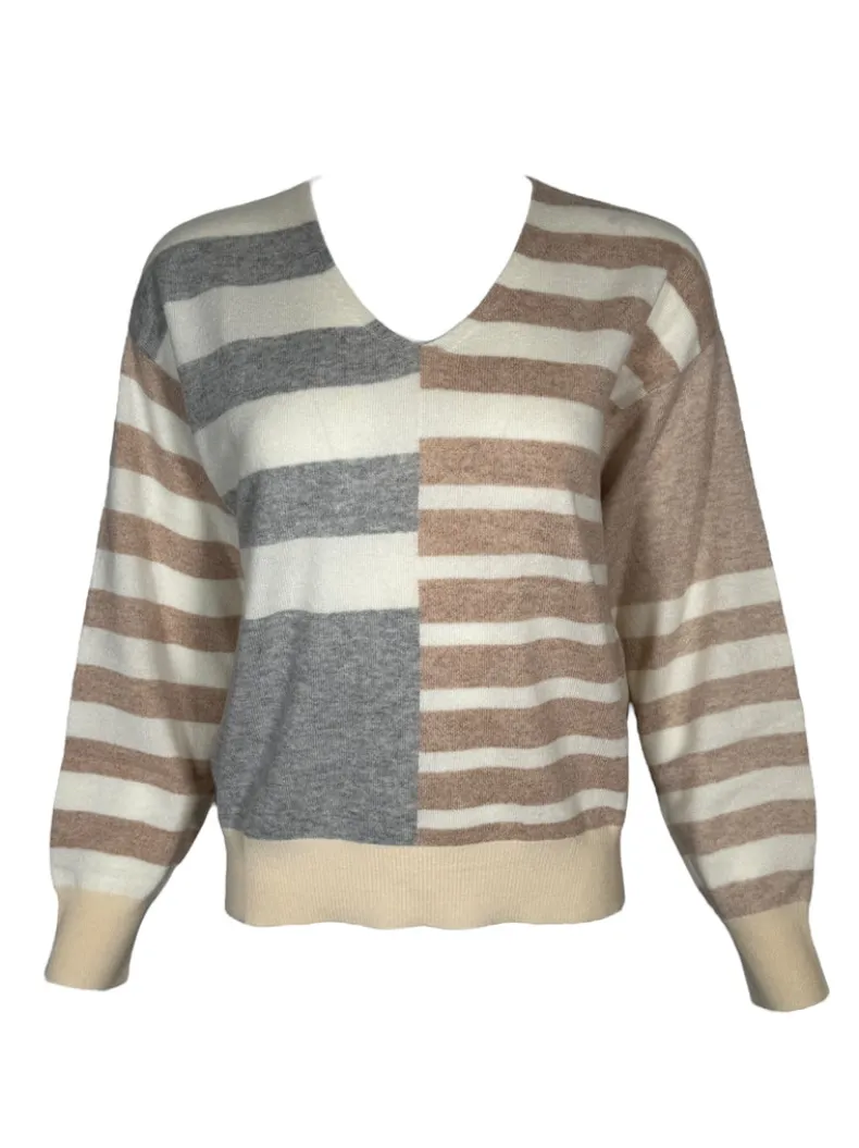 REPEAT CASHMERE MULTISTRIPE V-NECK SWEATER - TAN/GREY