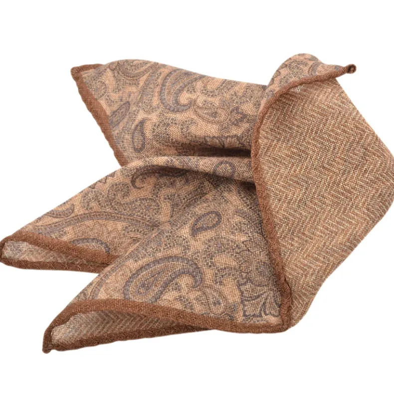 DION SILK POCKET SQUARE - PAISLEY/CHEVRON - TAN