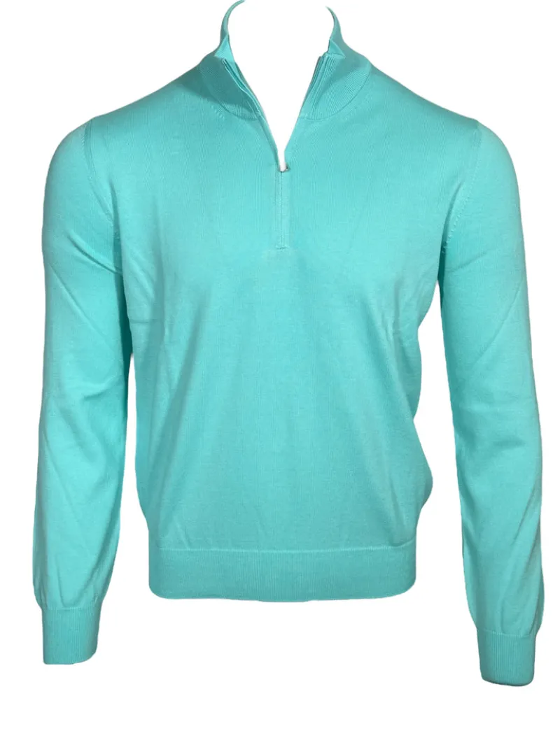 BUTTON DOWN COTTON 1/4 ZIP SWEATER - TURQUOISE