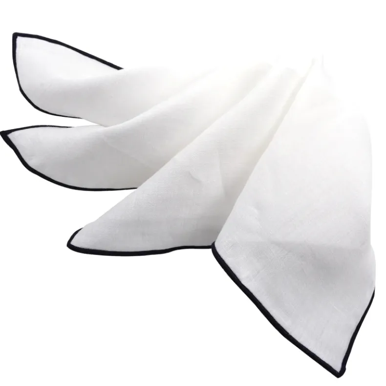 DION LINEN POCKET SQUARE - WHITE WITH NAVY TRIM
