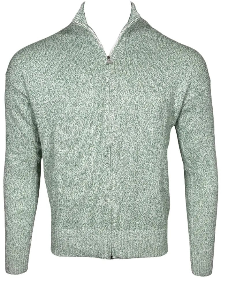 BUTTON DOWN COTTON FULL ZIP SWEATER - GREEN