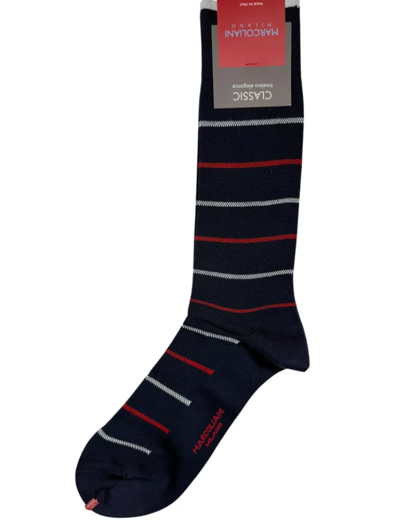 MARCOLIANI PIMA COTTON SAILOR STRIPE CALF SOCK - NAVY/RED