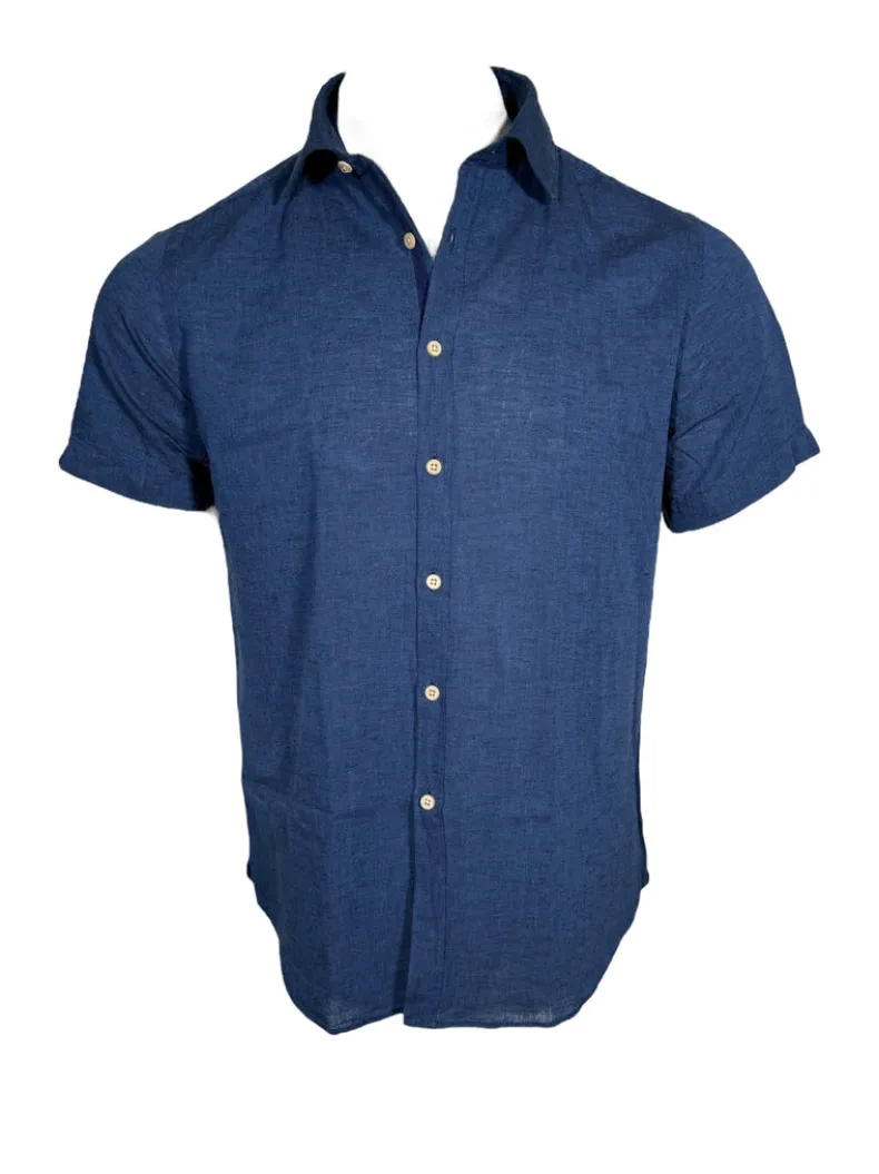 GMF 965 MEN'S LINEN BLEND SHORT-SLEEVE SPORT SHIRT - DENIM BLUE
