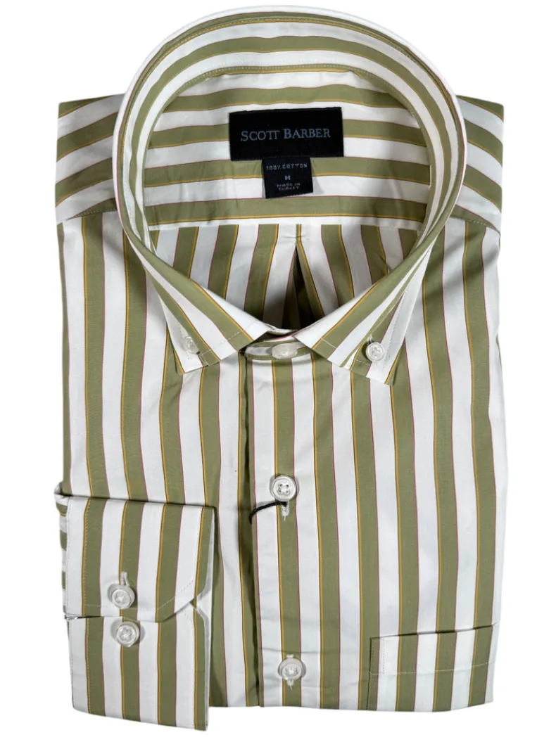 SCOTT BARBER BOLD SATEEN STRIPE MEN’S SHIRT - SAGE