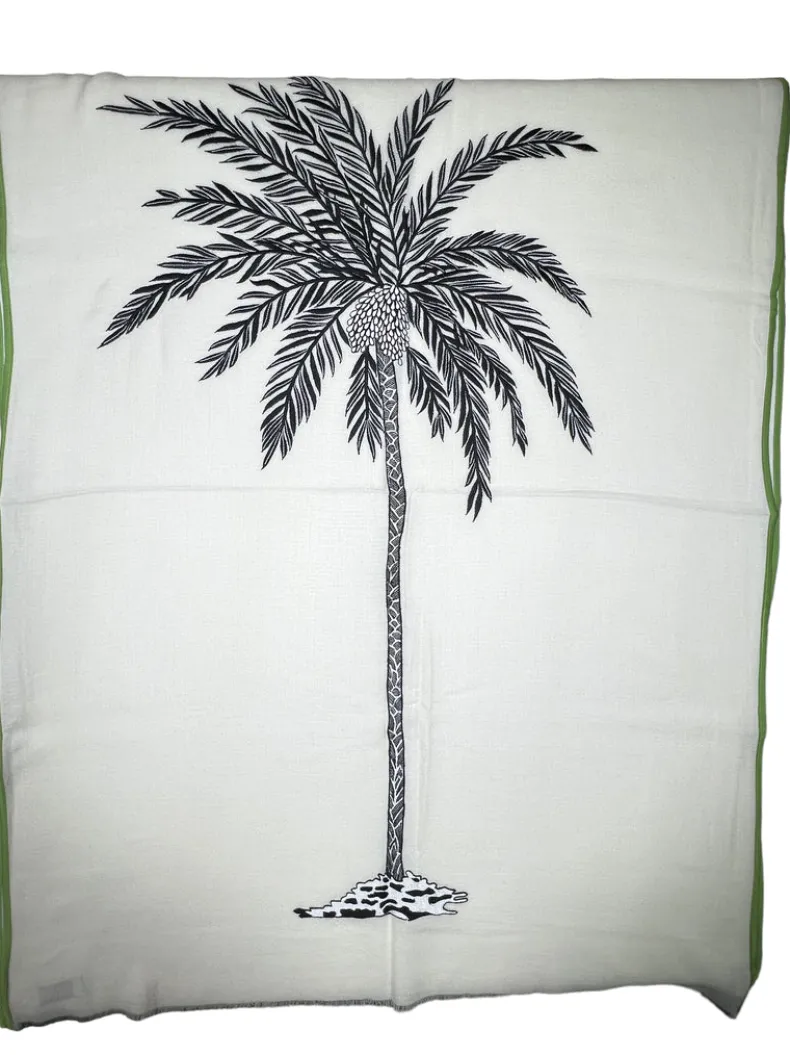 JANAVI PALM SCARF - IVORY/GREEN SELVEDGE