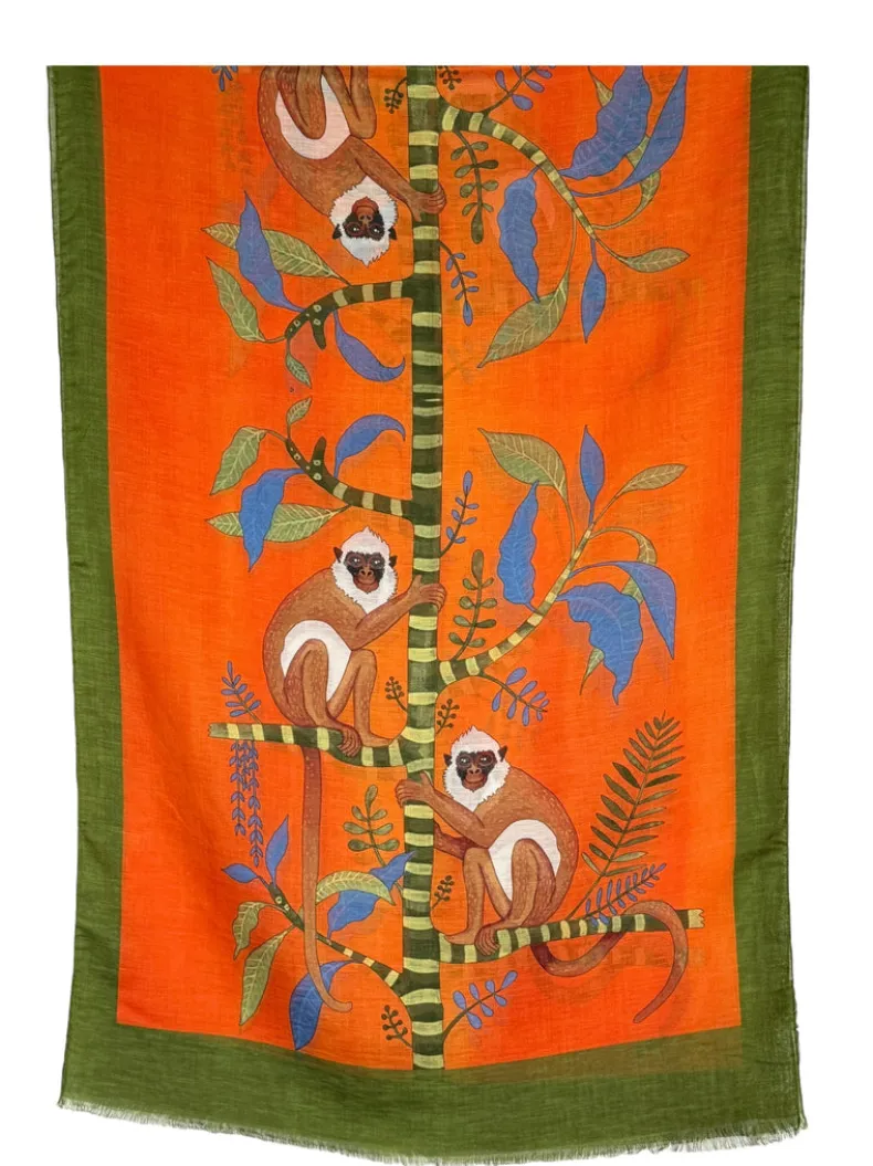 CALABRESE 1924 LINEN & SILK SCARF - ORANGE SPIDER MONKEYS