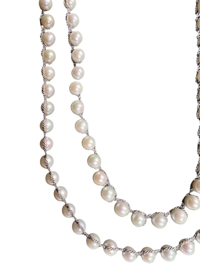 FEATHERED SOUL NECKLACE - WHITE FRESHWATER PEARL ON GREY SILK