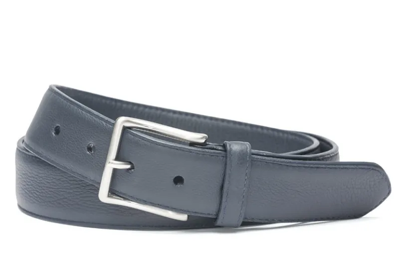 W.KLEINGBERG HIGH PEBBLED BELT - NAVY WITH COGNAC STITCHING