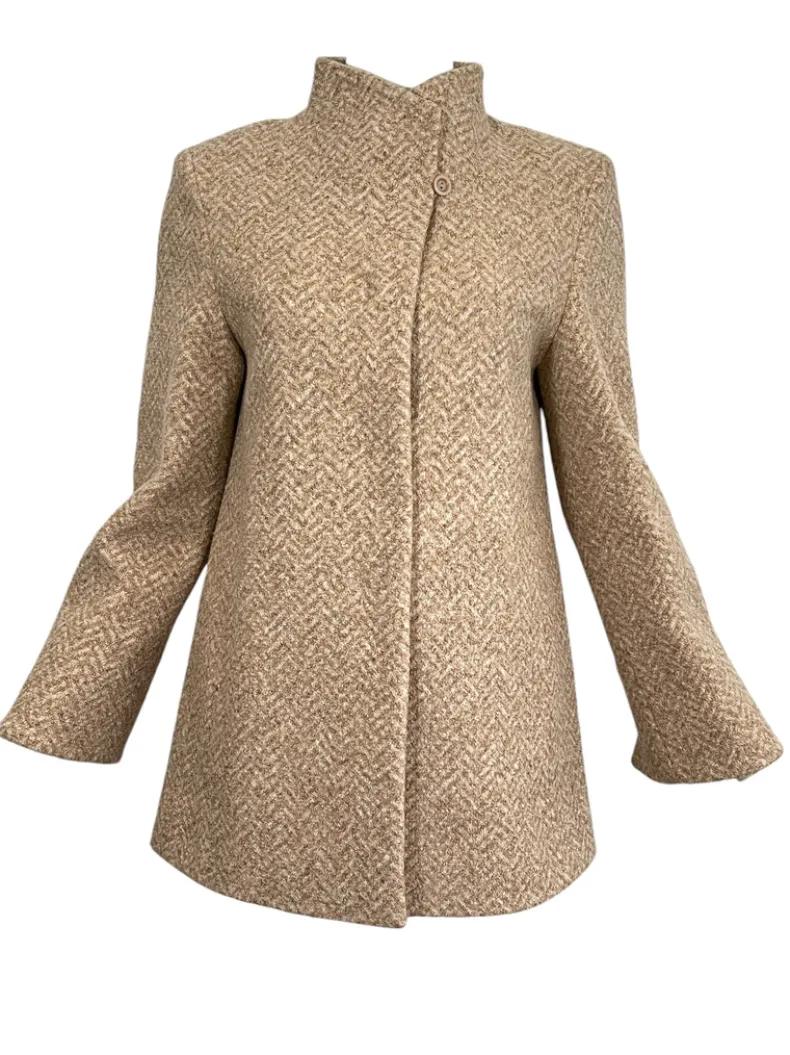 CINZIA ROCCA TWEED HERRINGBONE COAT - CREAM/CAMEL