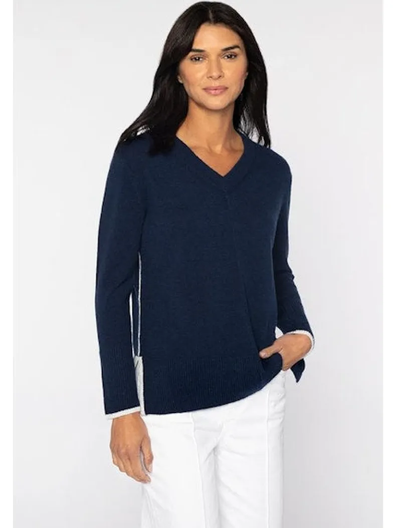 KINROSS EASY HI-LOW TIPPED VEE SWEATER - NAVY