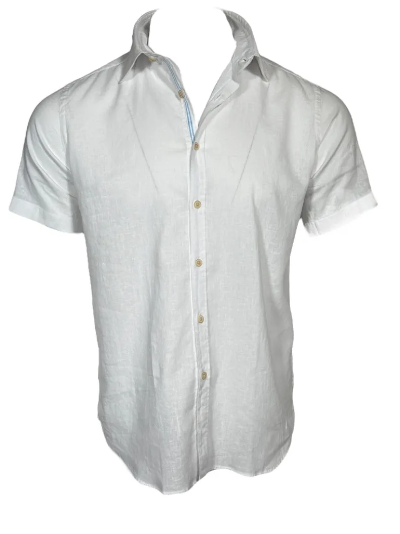 GMF 965 MEN'S LINEN BLEND SHORT-SLEEVE SPORT SHIRT - WHITE