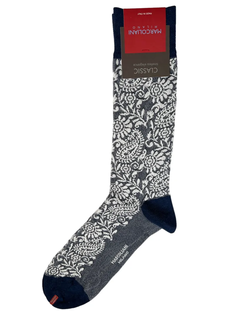 MARCOLIANI PIMA FLOWER PAISLEY CALF SOCK - WHITE/NAVY