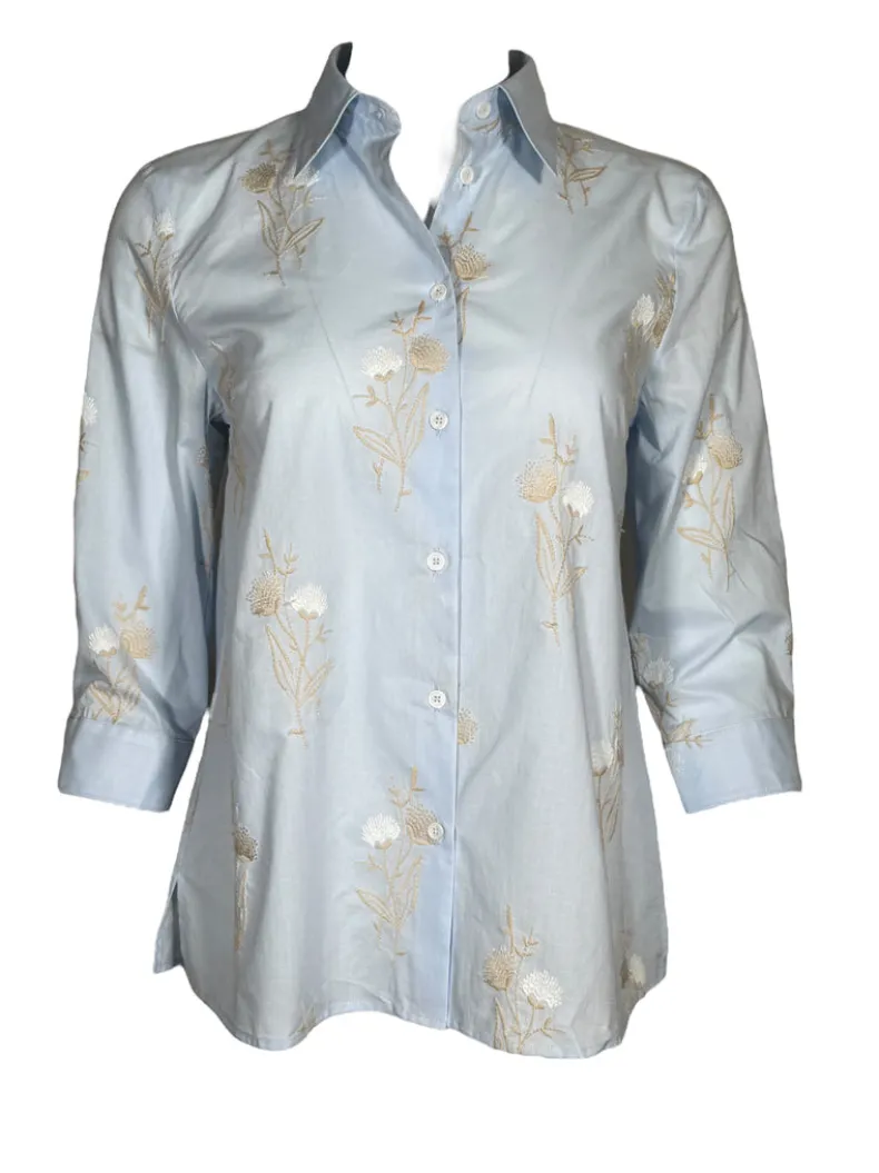 CAMICETTASNOB EMBROIDERED FLORAL BLOUSE - LIGHT BLUE & TAN
