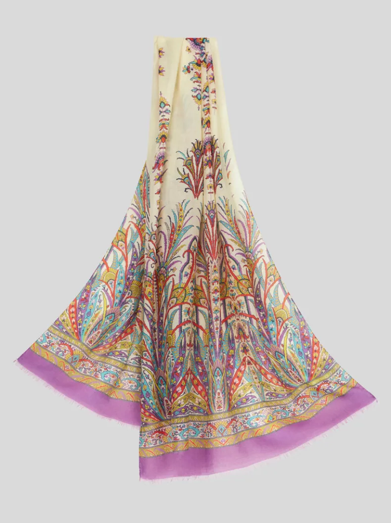 ETRO CASHMERE/WOOL/SILK SCARF - WHITE LEAF MOTIF