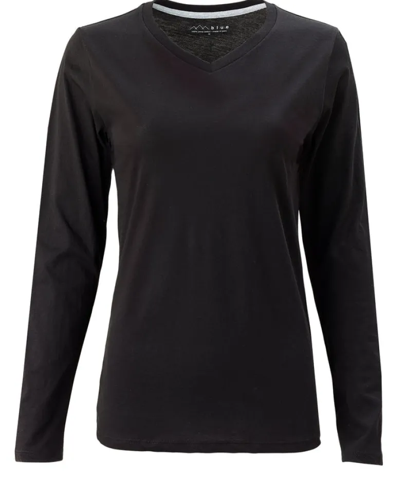 BLUE 1899 WOMEN'S PIMA COTTON T-SHIRT V-NECK LONGSLEEVE - BLACK