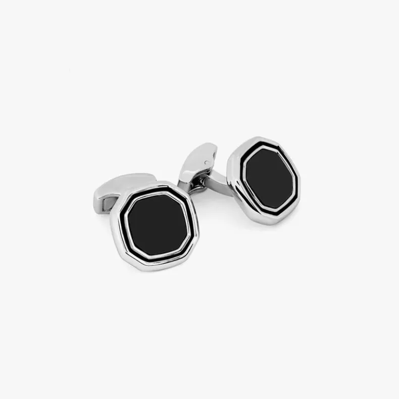 TATEOSSIAN CUFF LINKS - WHITE BRONZE PLATED OCTAGON BLACK ONYX