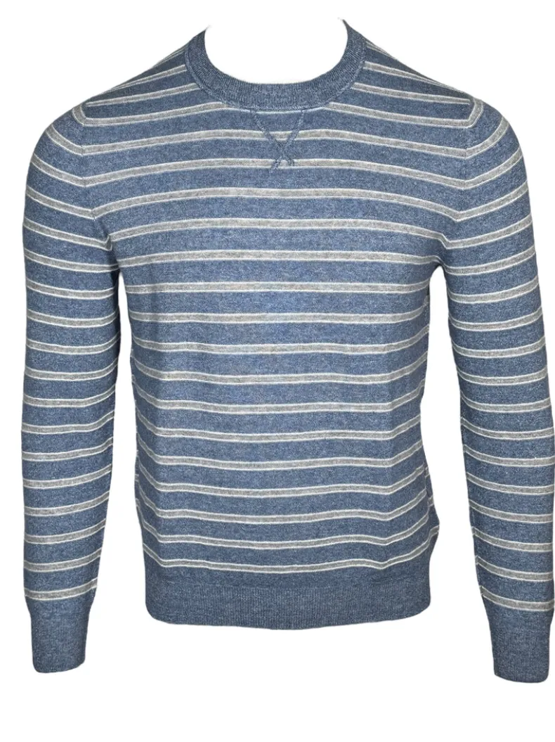 FEDELI LINEN/CASHMERE STRIPED SWEATER - DENIM/GREY