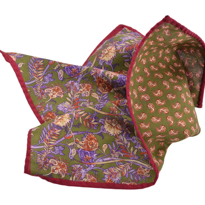 DION SILK DOUBLE-SIDED POCKET SQUARE - OLIVE FLORAL PAISLEY TEARDROP