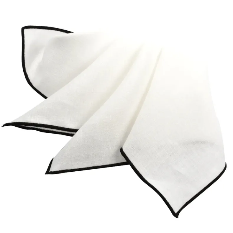 DION LINEN POCKET SQUARE - WHITE WITH BLACK TRIM