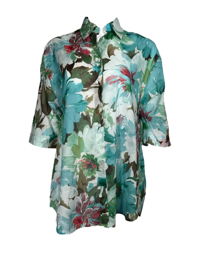 VLT'S BY VALENTINA'S WATERCOLOR FLORAL BLOUSE - GREEN/BLUE