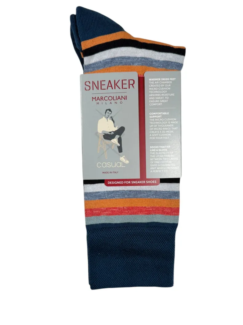 MARCOLIANI PIMA COTTON RAINBOW STRIPE SNEAKER SOCK - DENIM/ORANGE