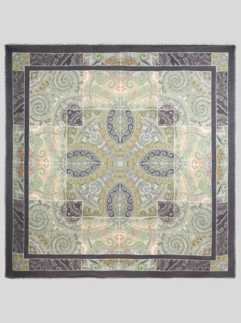 ETRO WOOL, CASHMERE & SILK SHAWL - GREEN / BLACK