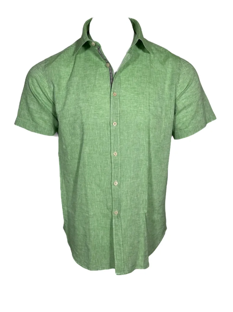 GMF 965 MEN'S LINEN BLEND SHORT-SLEEVE SPORT SHIRT - GREEN